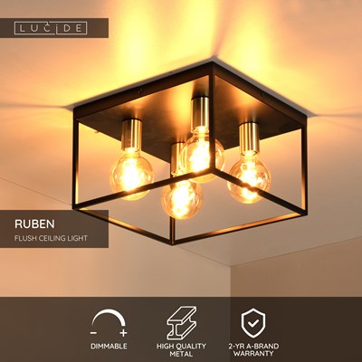 Lucide RUBEN - Flush ceiling light - 4xE27 - Black
